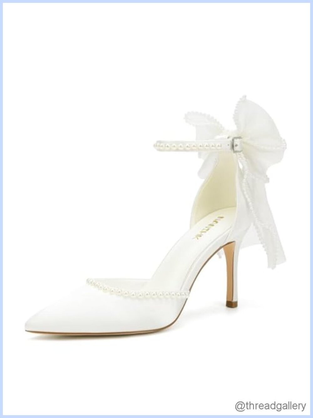 Satin Wedding Heels Pointed Toe Pearl Bow Ankle Strap Bride Pumps